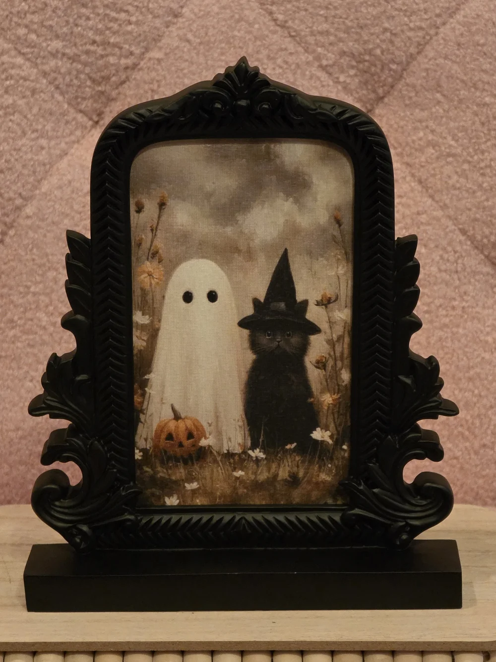 Black Ornate Halloween Frame Art - Ghost & Witch Cat